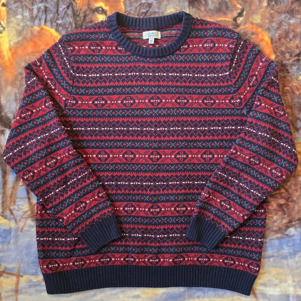 Vintage Style Croft&Barrow Red Geometric Striped Heavyweight Knit Sweater sz 2XL
